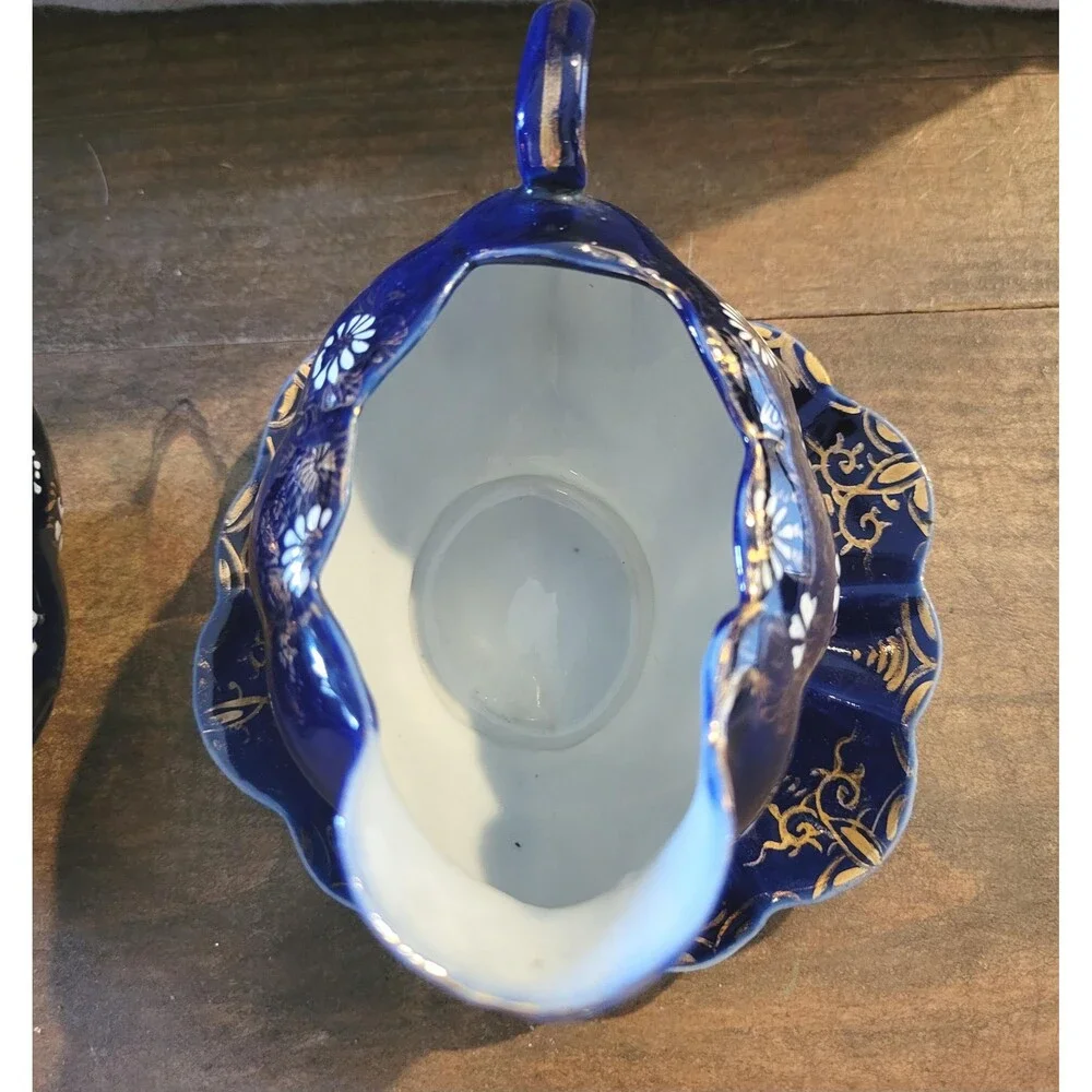 Chrysanthemum Cobalt Blue Porcelain Creamer & Sugar Set – Gold Accents